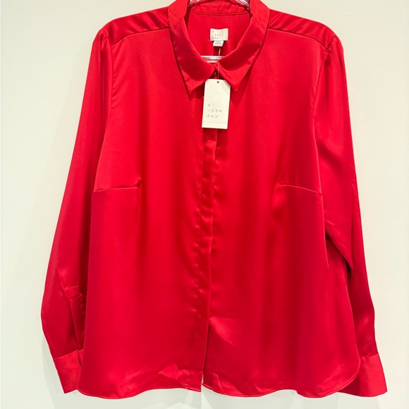 Long Sleeve Collared Satin Button Down Shirt Scarlet Red. Size:2XL - Picture 3 of 8